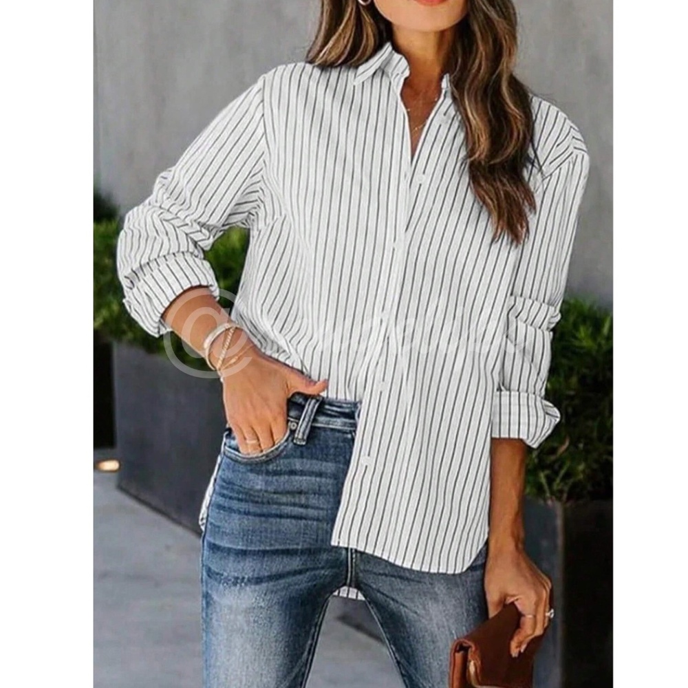 White Striped Shirt Button Up / Down Long Sleeve, Collar - Picture 3 of 4